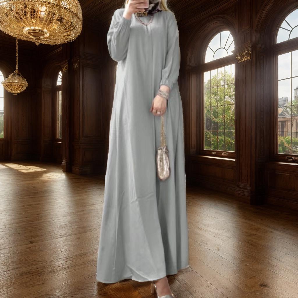 New Plus Size Muslim Women's Casual Long Sleeve Robe Dress - Solid Color