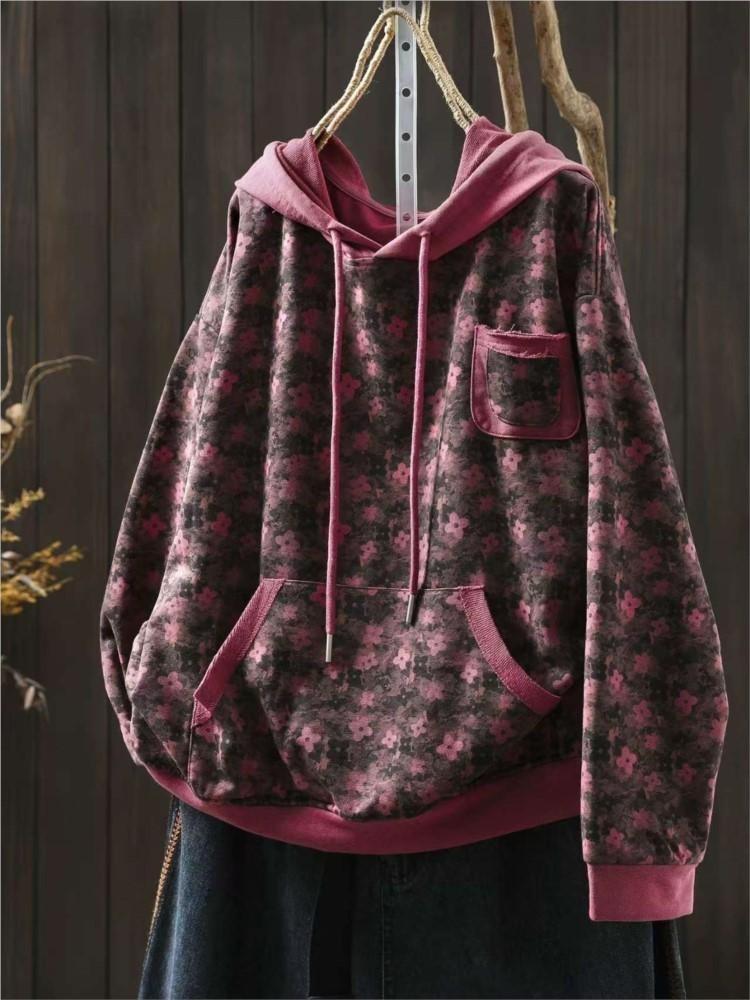 

Johnature Women Terry Sweaters Vintage Floral Print Hooded Pullover Long Sleeve Casual Autumn Pockets One Size троянди рожеві кольору