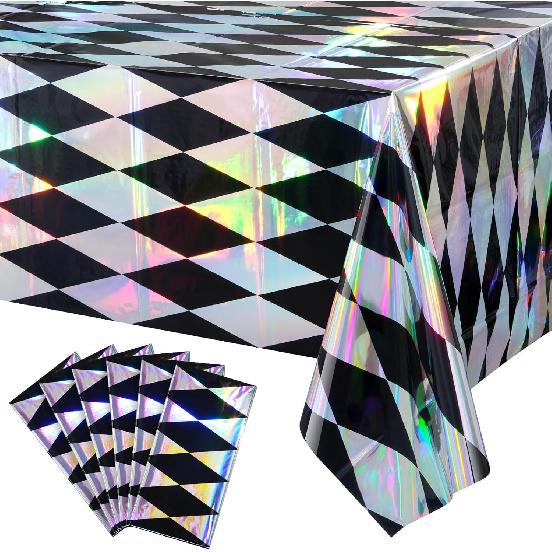 3 Pack Black and Iridescent Diamond Checkered Plastic Tablecloths, Black Gingham Plastic Table Cover, Holographic Foil Rectangle Tablecloth for 3 чёрный