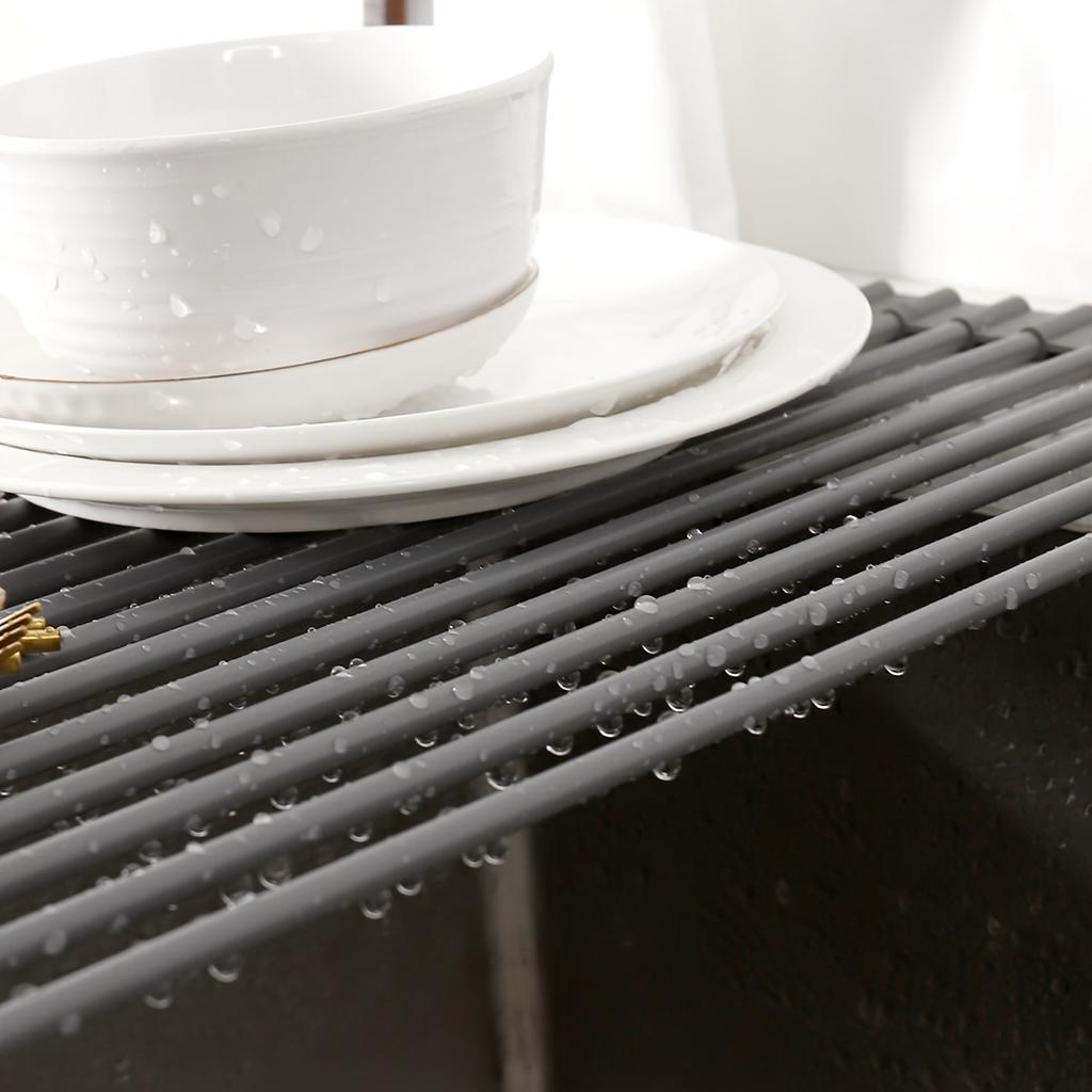 Silicone Drain Rack, Foldable Kitchen Sink Draining Rack for Vegetables And Dishes, Large Roll-up Folding Draining Rack with Heat Insulation Pad