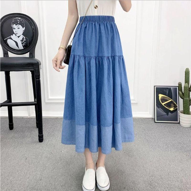 Spring and Summer New Artistic Sweet Elastic High Waist Stitching Blue Mid Length Long Length A- Line Denim Skirt Skirt Women