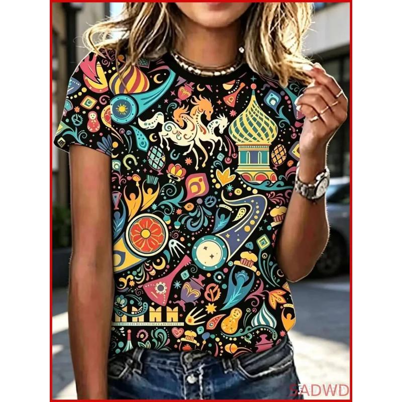 Moda Donna Girocollo Manica Corta Stampa Colore 3D Casual T-shirt Casual a Manica Corta Girocollo