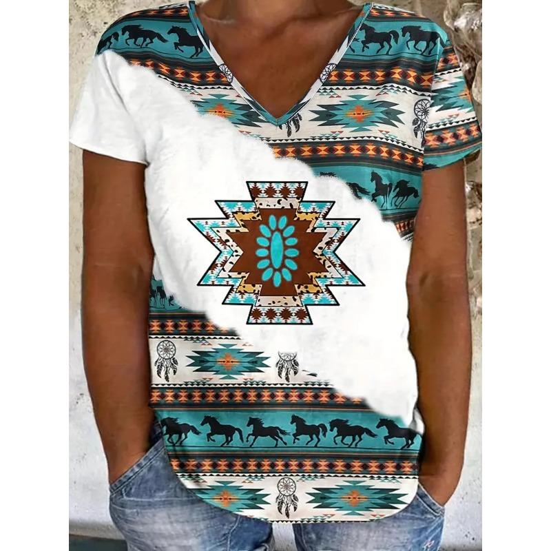 Fashionable Ethnic Style Short Sleeved V-neck Women's T-shirts