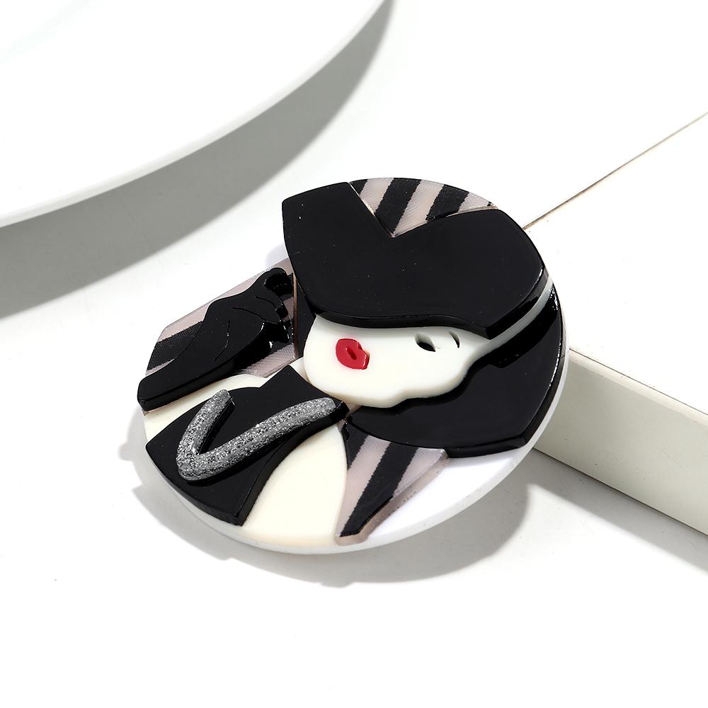 Neue moderne runde Acryl-Broschen für Damen, Mode, Hut, Mädchenfigur, Abzeichen-Pins, Büro Schmuck, Tasche, Kleidung Zubehör, Geschenke