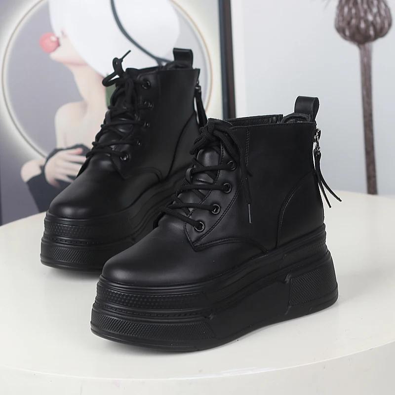 Fashion 12CM Genuine Leather Winter Plush Platform Wedge Fashion Ankle Boots Casual Autumn Fashion High Heel Shoes