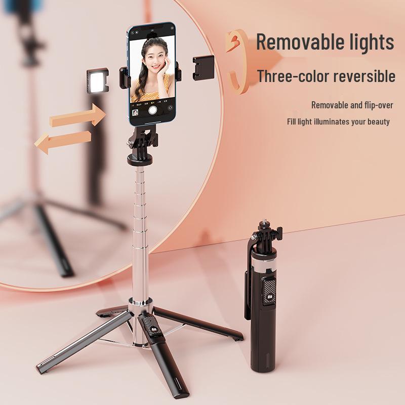 P130 Bluetooth Selfie Stick with Stainless Steel, 1.3m Stand, Fill Light & Phone Holder for Live Broadcasts