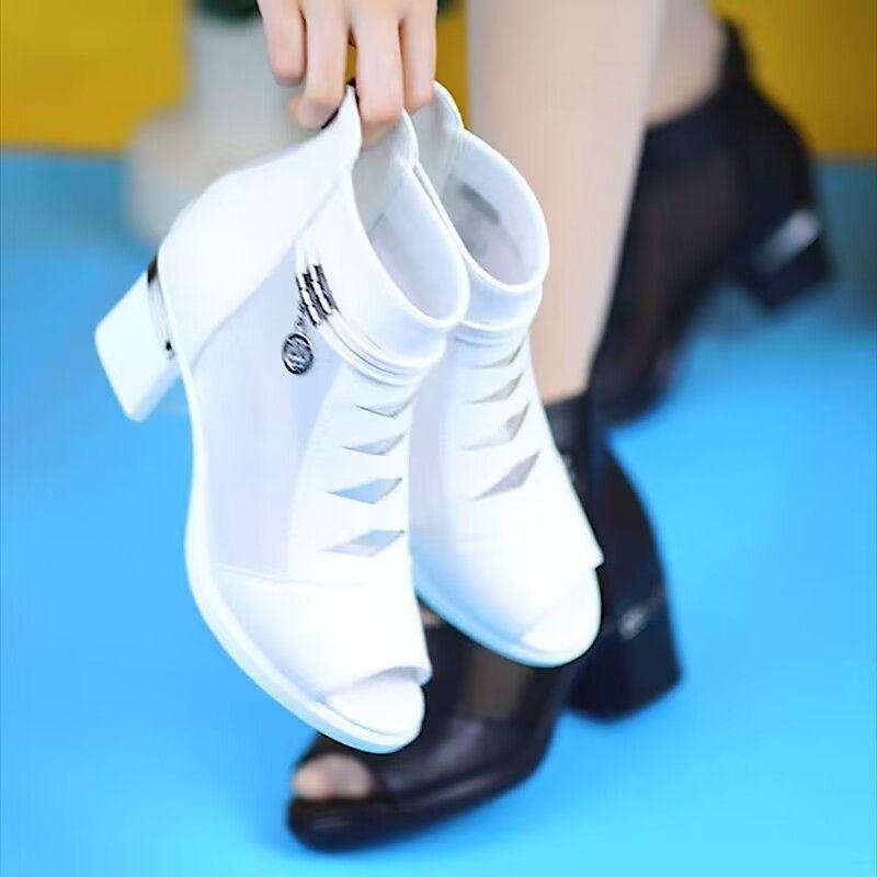 Sandalen 2025 Neue Mesh-Sandalen mit mittlerem Absatz Damen High Heels Damen Grobe Absätze Damenschuhe Coole Stiefel Schuhe Mutterschuhe