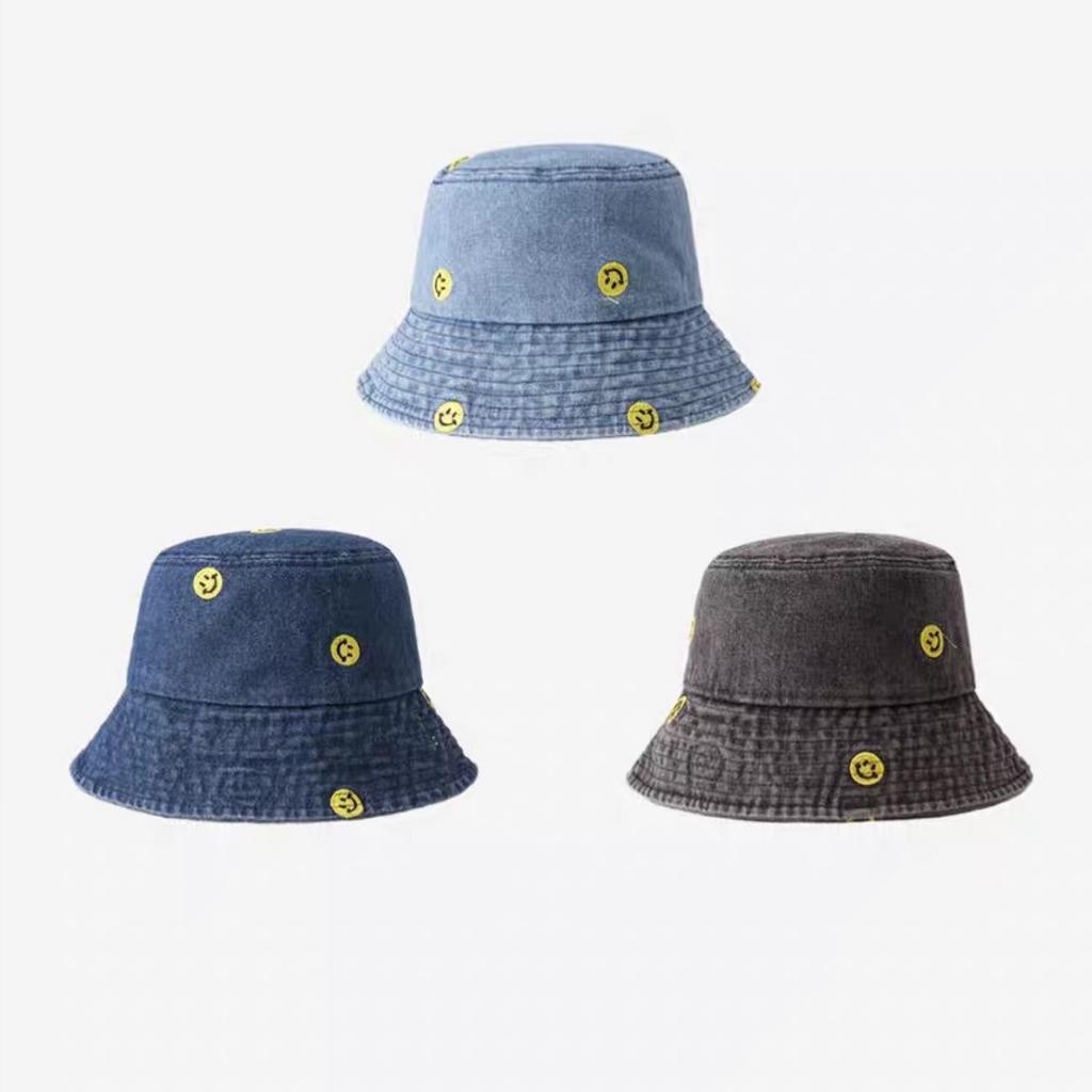 Japanese Simple Smiley Face Embroidered Denim Fisherman Hat Girl Harajuku Vintage Pot Hat Korean Version Spring and Summer Sun Protection Sun Hat Man