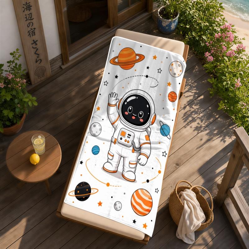 Cartoon Astronaut Space Microfiber Beach Towel 1 Piece Set 2D Flat Printed Sandproof Waterproof Holiday Sea Pool Sunbed Towel