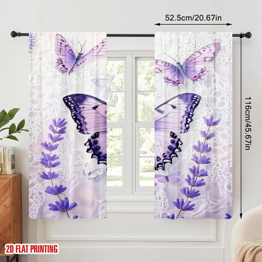 2pcs,2D Plane Printing Light Filtering Curtains Lavender Wings Polyester Easy Install (without Rod) Decorations Outdoor Use for