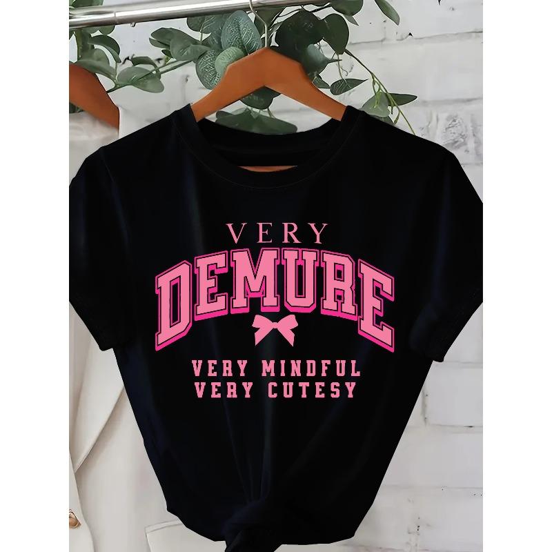 European Size Directional Style Very Demure Very Mindful Bow Print Short Sleeve Round Neck T-shirt for Women