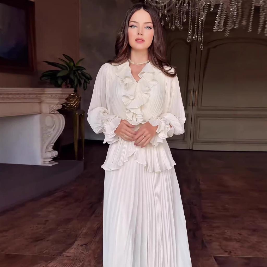 Retro Style Long Sleeved Folding Dress High Waisted Slim Fit Temperament High Quality White Dresses 2026