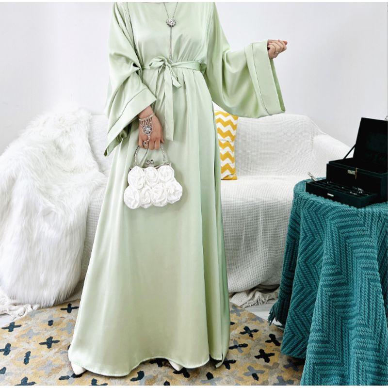 

Fashion Pure Color Plus Size Multicolor Robe round Neck Tied Large Swing Silm Dress Lace-up Robe Dress Light green S