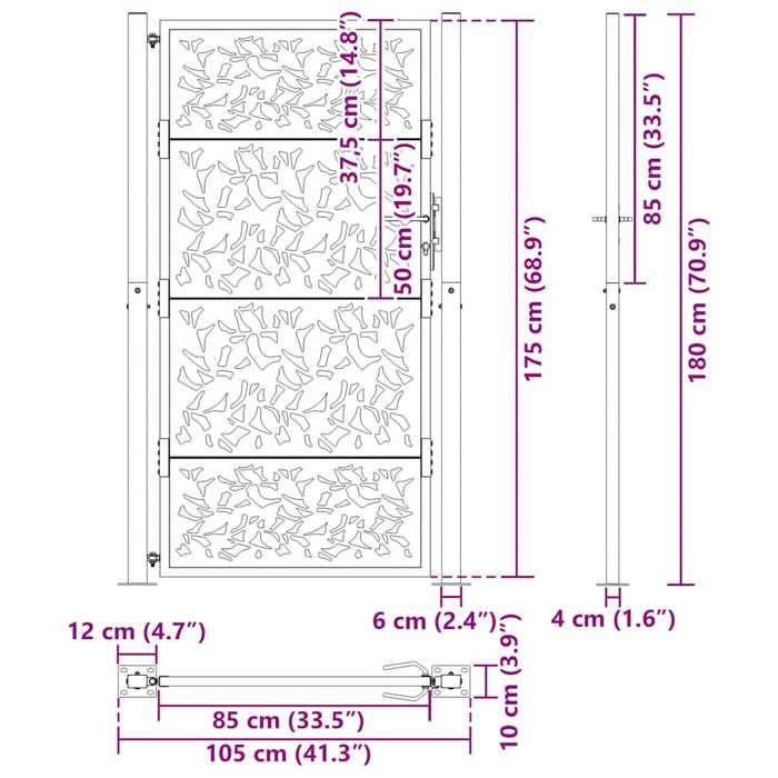 VidaXL Porte de jardin acier résistant aux intempéries design feuilles, porte de clôture, porte extérieure, porte en métal, 4100967