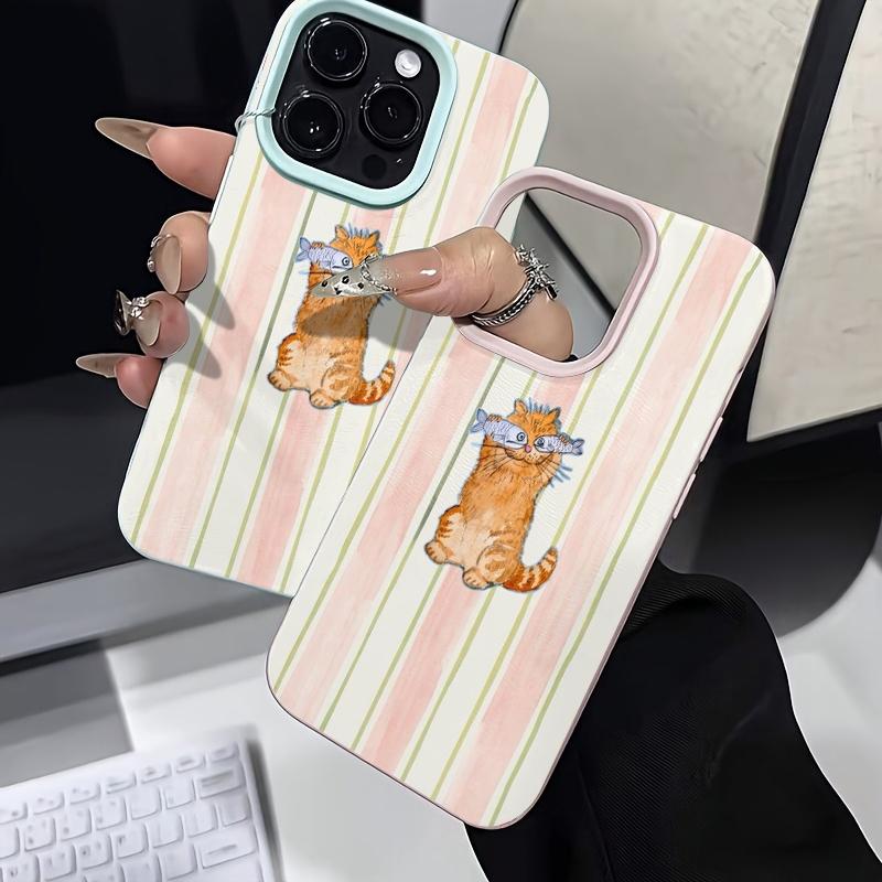 Pink Stripe Orange Cat Fish Glasses Pattern Design Protective Cover for iPhone 17 16 15 14 13 12 11 16E Series Pro Max Plus