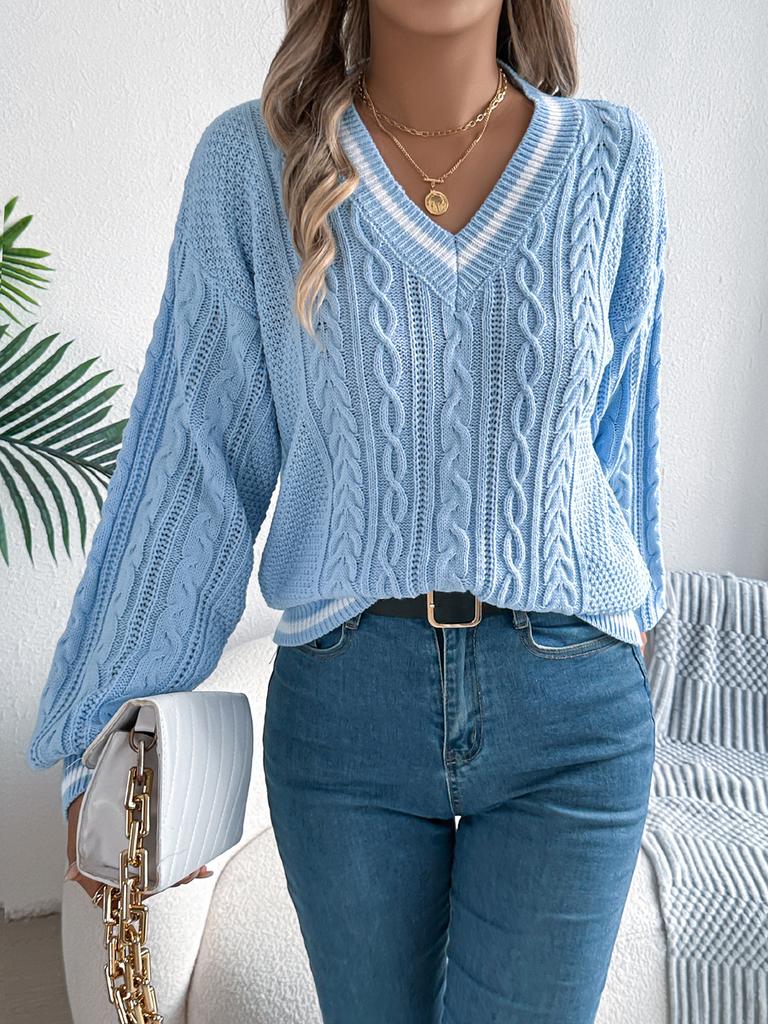 Autumn New Style College Style Patchwork V-Neck Cable Knit Long Sleeve Sweater Women's Clothing