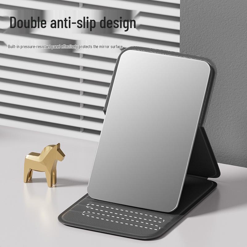 Compact Foldable PU Leather Makeup Mirror: Portable, Solid-Color, Tabletop Vanity Mirror