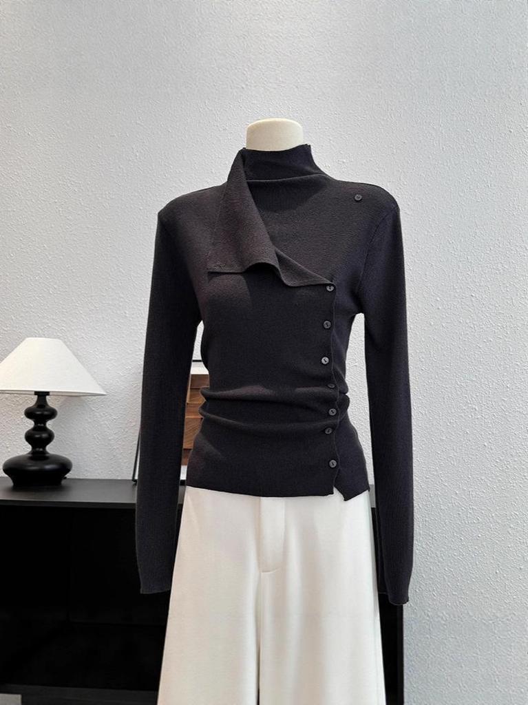 Korean Style High Neck Asymmetrical Long Sleeve Knitwear - Autumn Women's Slimming Sweater Top