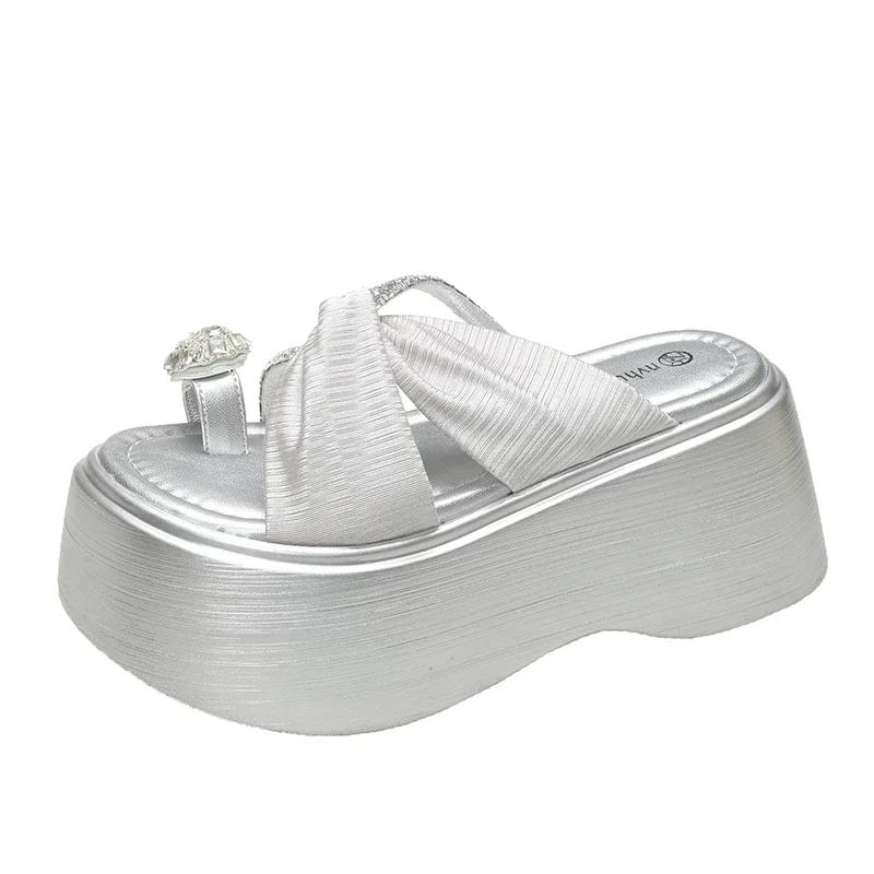 

Модные женские босоножки на толстой платформе с застежкой-молнией 8,5 см, высокие каблуки, гладиаторские тапочки, женские модные летние пляжные шлепанцы для отдыха 35 серебряный