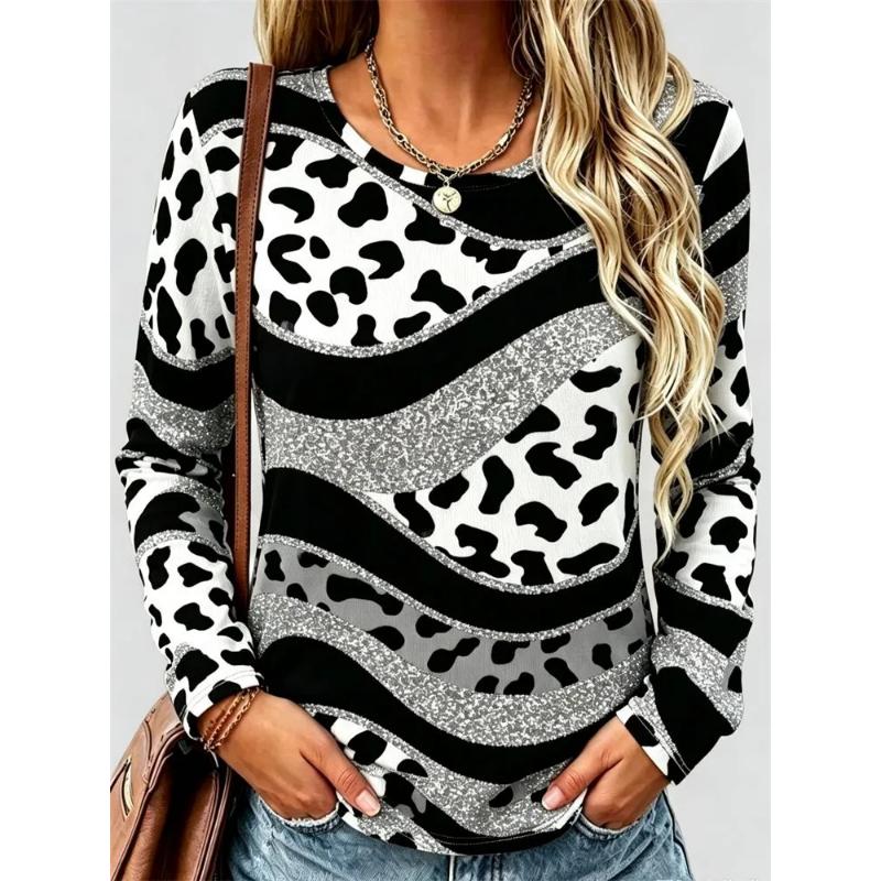 3D Casual Color Printing Casual Long SleeveFashion Women's Crew Neck Long Sleeve Crew Neck T-Shirt