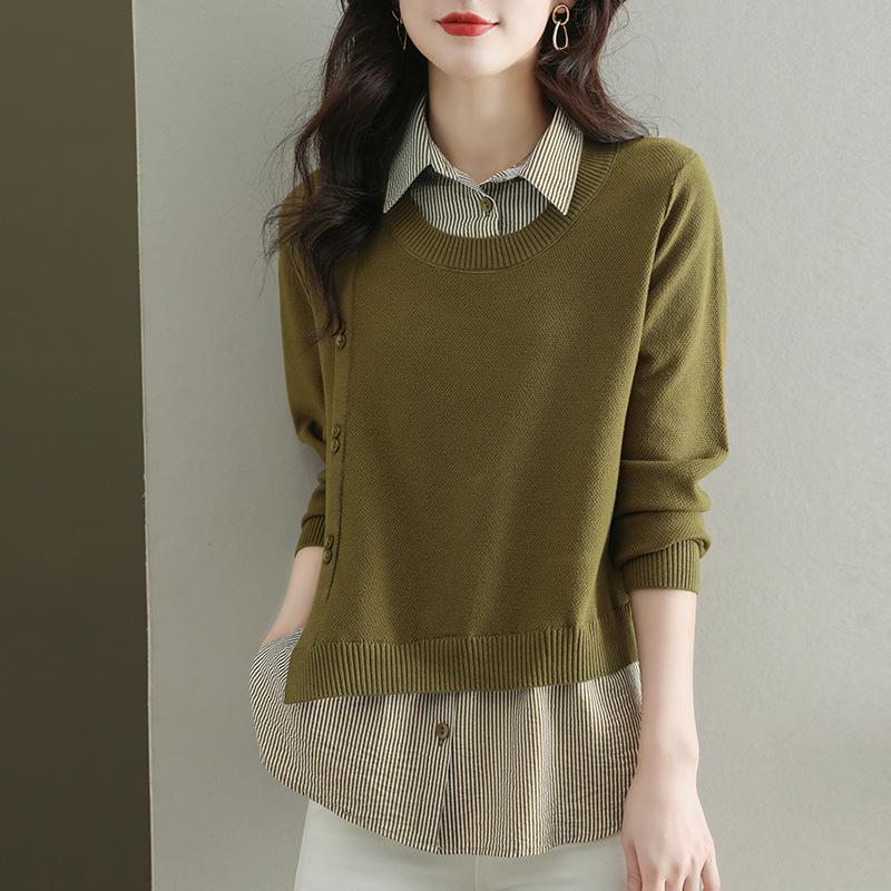 Women's Fake Two-Piece Knit Top with Shirt Collar - Stylish Autumn 2025 Sweater