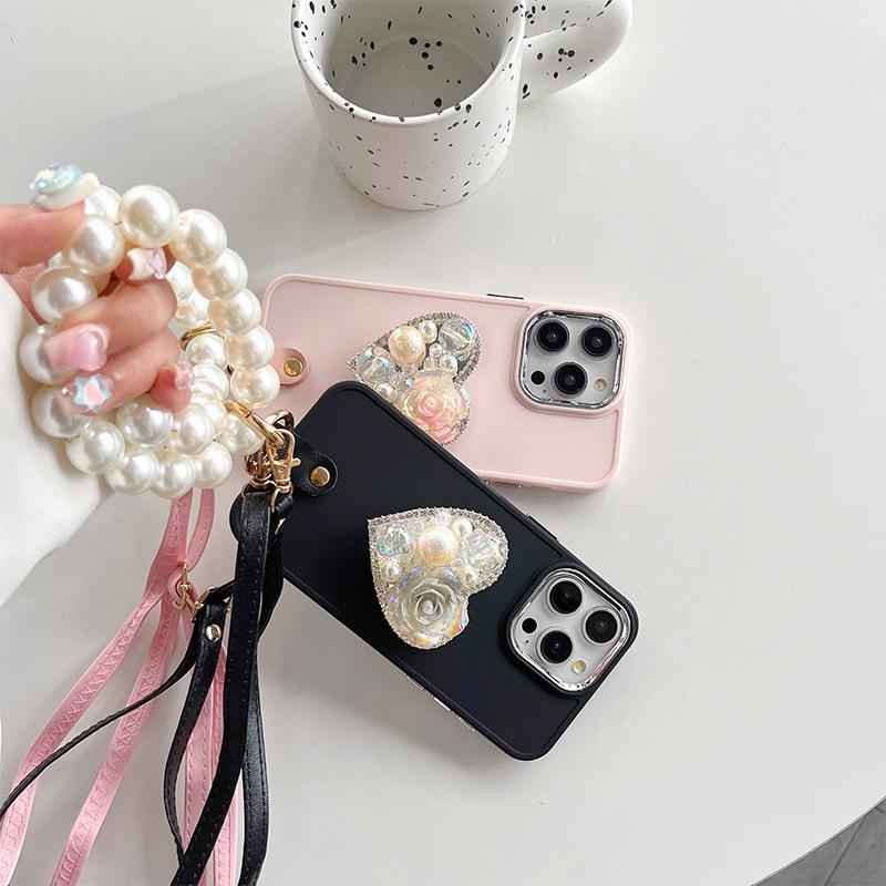 For IPhone 15 Rhinestone Pearl Love Stand Mobile Phone Case for IPhone 17 Pearl Hand Chain Crossbody Rope Silicone