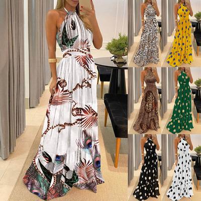 Women Boho Sundress Summer Halter Sleeveless Backless Floral Print Loose Pleated Party Dresses