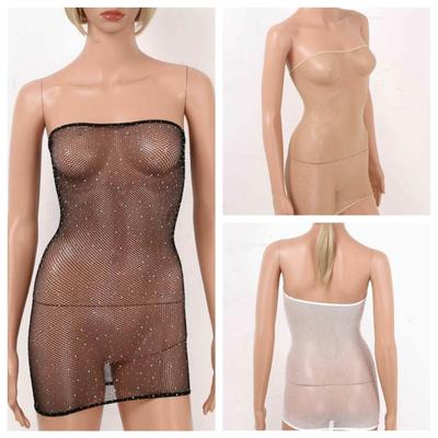 Women's Shiny Rhinestones Sheer Mesh Lingerie Babydoll Stretchy Bodycon Tube Mini Dress