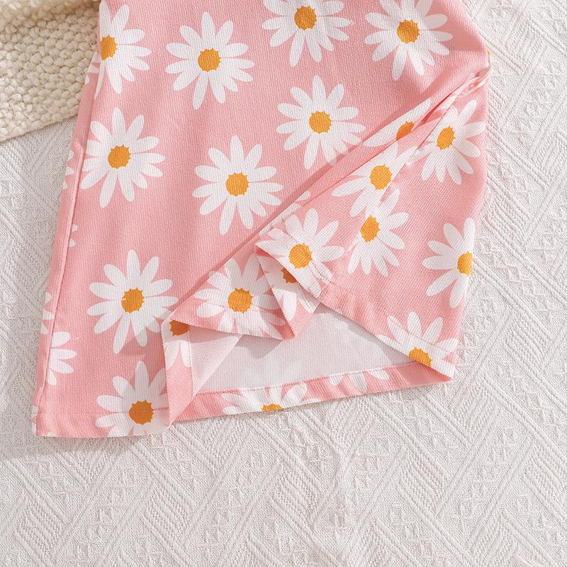 Girls' Outfit Children's Clothing Summer New Ribbed Long Sleeve Top Printed Strap Dress Two-Piece Set