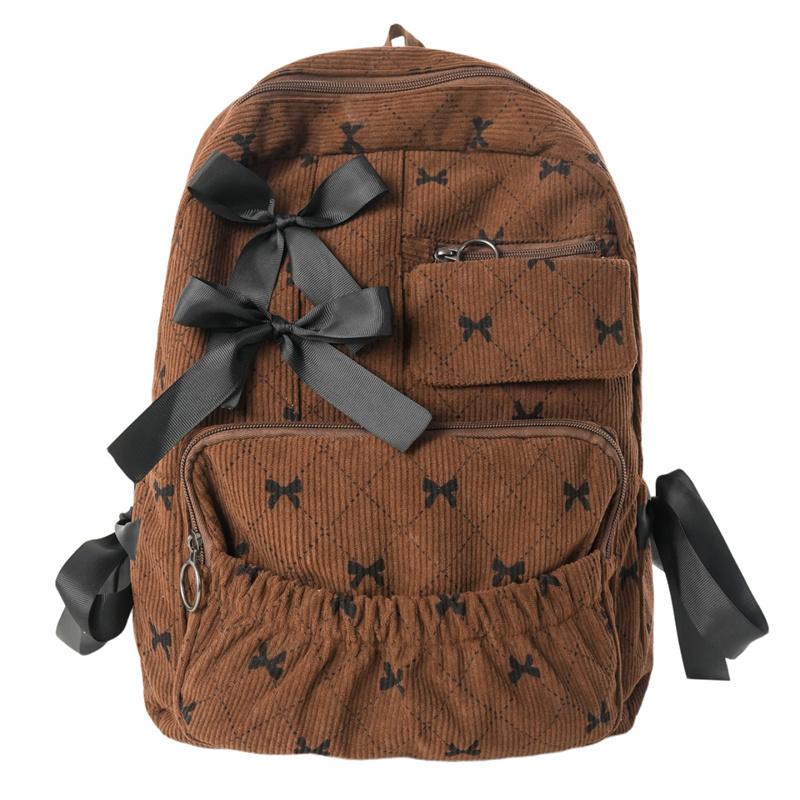 Corduroy Backpack Large Capacity Bow Print Backpack Student Schoolbag