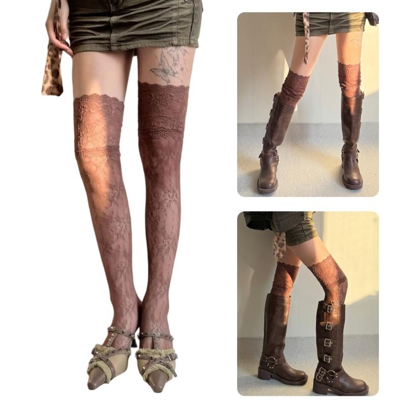 Stylish Long Boot Socks with Full Flower Lace Design for Women Sheer Colorful Fishnet Thigh High Over the Knee Stockings