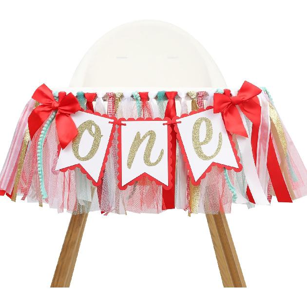 Christmas High Chair Banner for 1st Birthday - Red and Green One High Chair Banner, 1st Birthday Decoration for Girls, Tulle and Ribbon High Chair