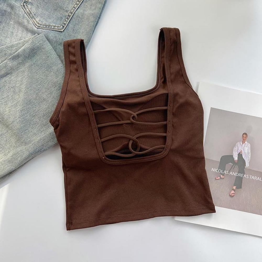 

Майка с нагрудными вкладышами, топ-халтер, кроп-топ, женская летняя майка, без спины, модный топ-труба, женский укороченный жилет без рукавов One Size кофейный