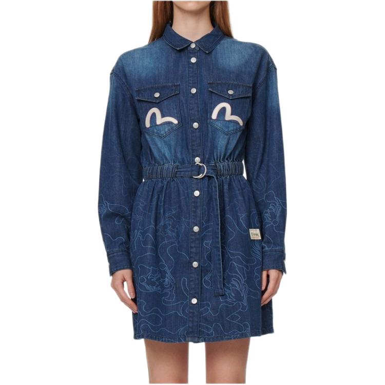 Evisu Laser Print Gradient Denim Long Sleeve Dress Women Dress Denim-Blue 2EAHTW1DR223FFDN