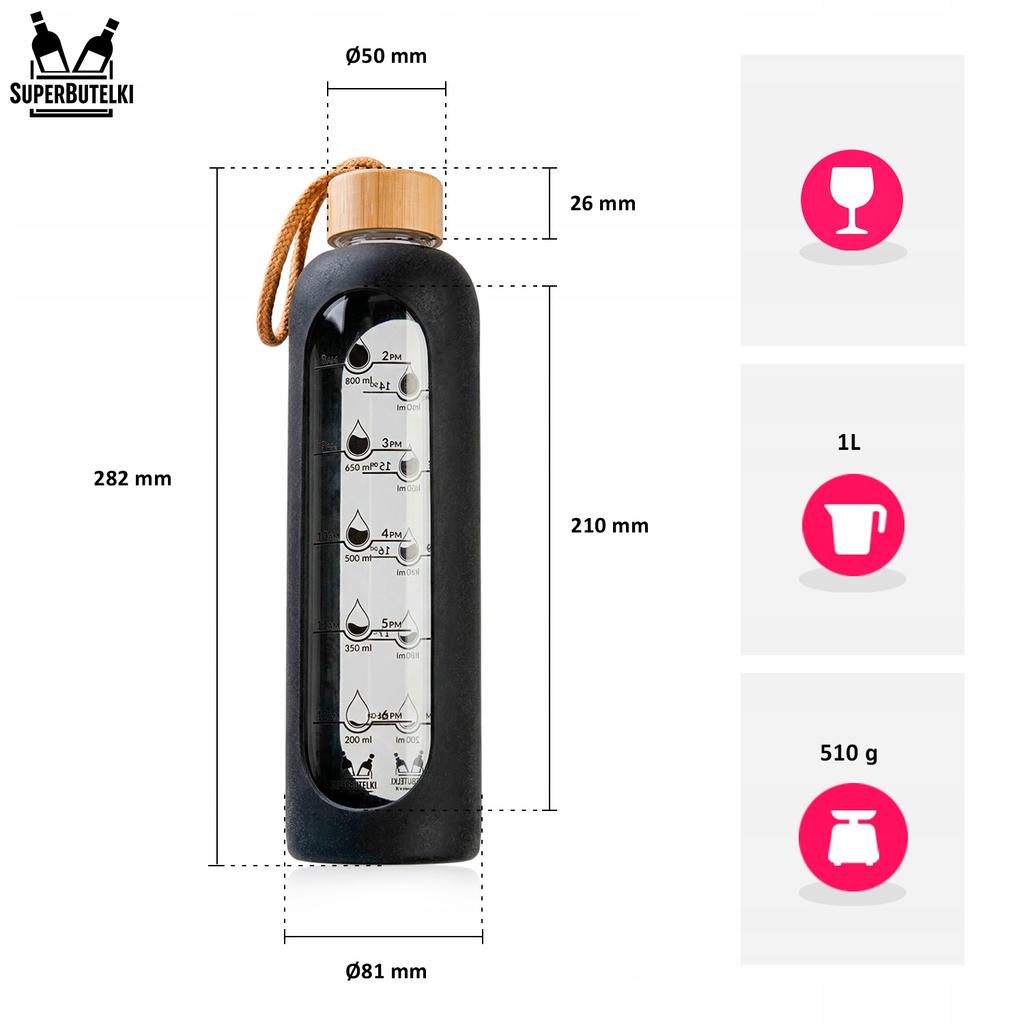 1000 Ml Glass Water Bottle With Silicone Case (Black)