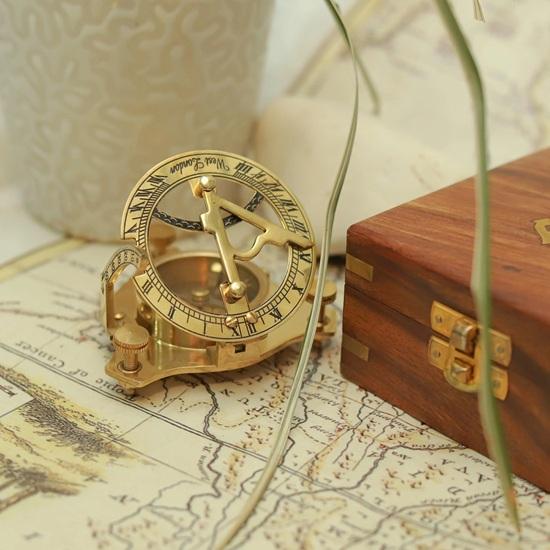 10.16 cm Brass Sundial Compass with Wooden Box Engraved Nautical Compass for Him, Explorer, or Retirement Gift