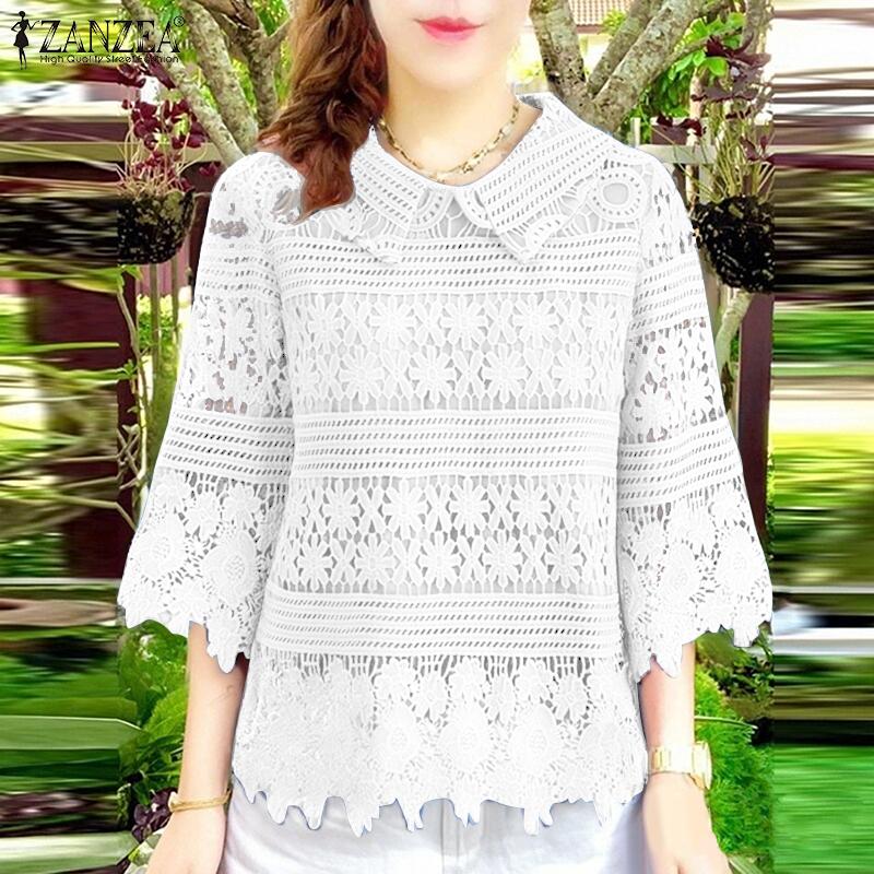 ZANZEA Womens Summer Casual 3/4 Sleeve Patchwork Embroidered Lace Blouse