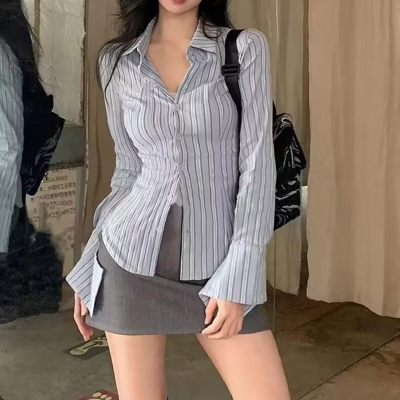 

Женская синяя полосатая рубашка, облегающая талия, женская блузка, весенне-осенний повседневный универсальный однобортный кардиган, топ XL