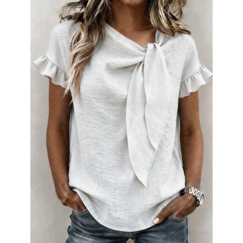

Womens Solid Color Asymmetric Neck Bow Tie Ruffle Short Sleeve Blouse S белый
