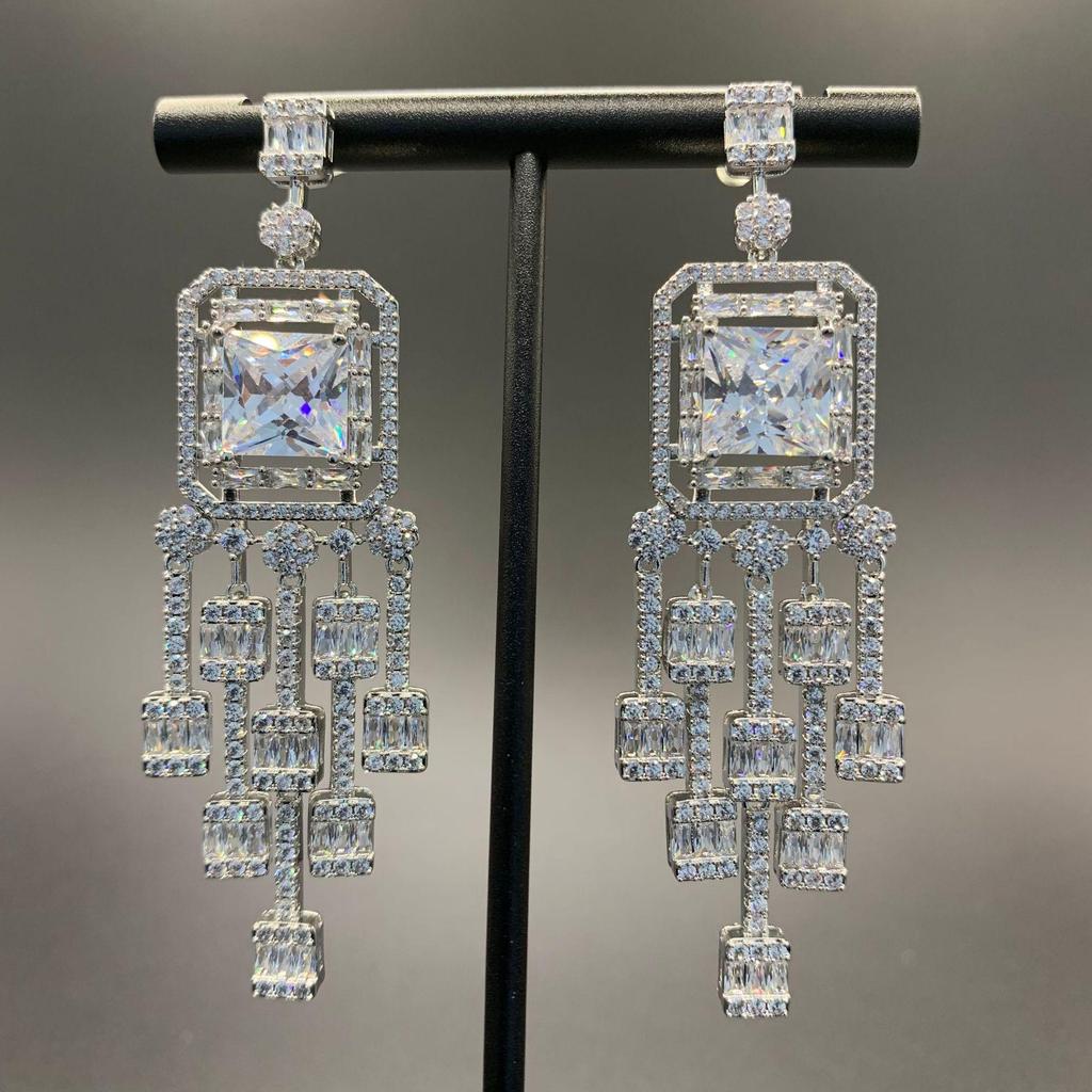Elegant Zircon Tassel Silver Needle Earrings for Women's Banquet and Evening Dress