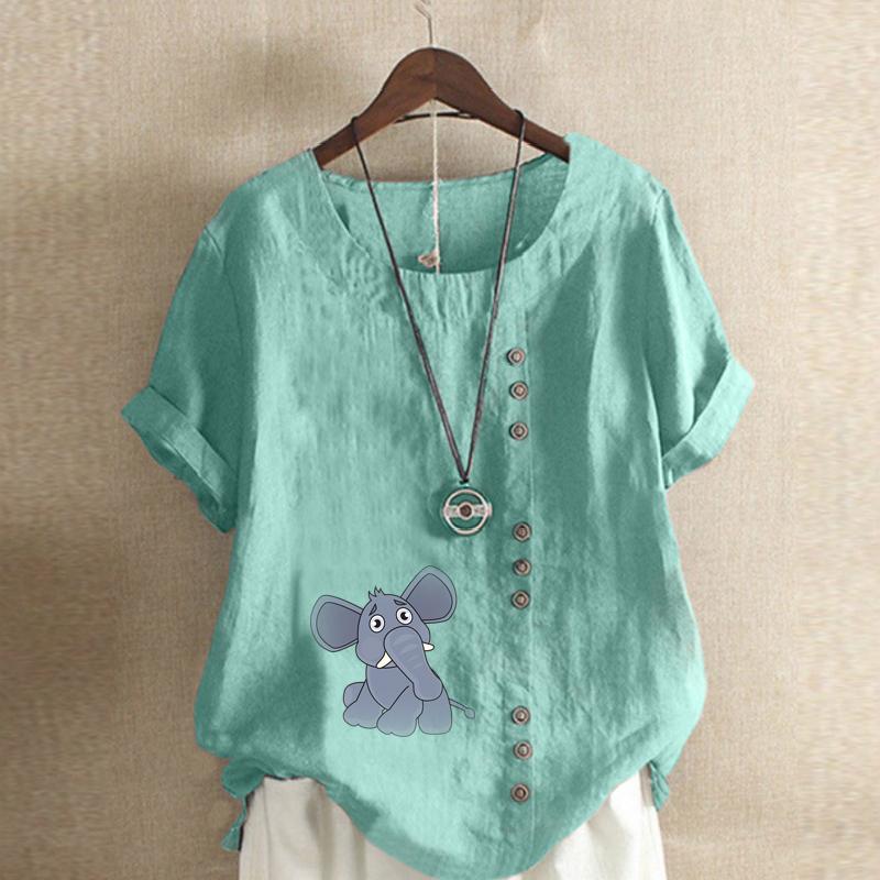 Women's Fashion Elephant Prined Round Neck Short Sleeve T-shirt Casual Cotton Linen Graphic Shirt Leisure Loose Summer Blouse Tops