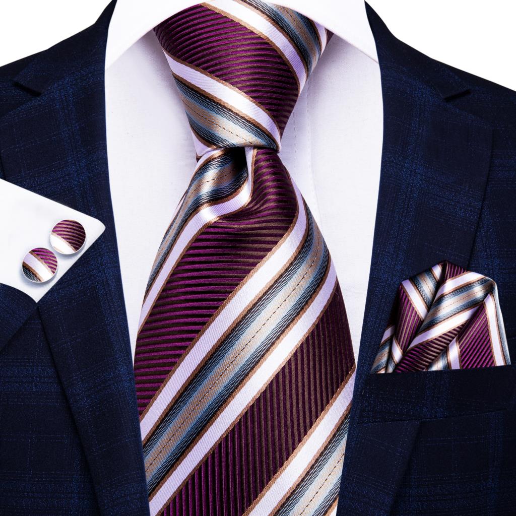 Hi-Tie Navy Blue Striped Silk Wedding Tie For Men Fashion Design Gift Men Necktie Hanky Cufflink Set Business Party Dropshiping