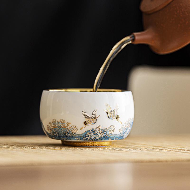 Gilt Ceramic Teacup - Mutton Fat Jade & Silver White Porcelain Kung Fu Tea Set