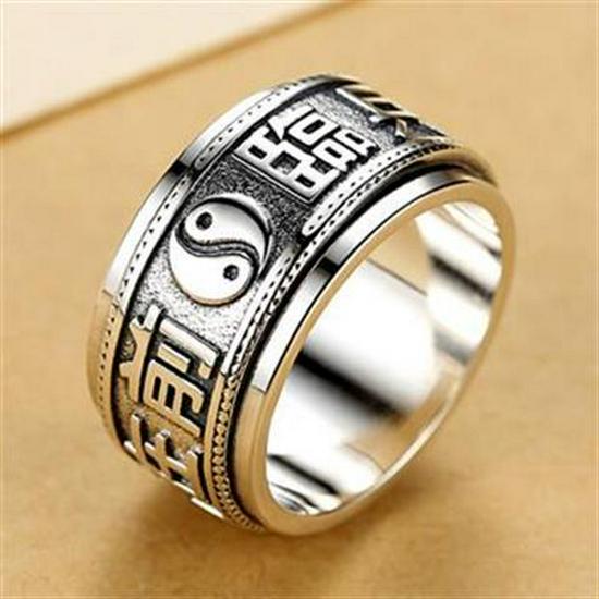 Rotatable Tai Chi Mantra Men s 925 Silver Thai Ring - Trendy, Wide, Artistic Retro Design