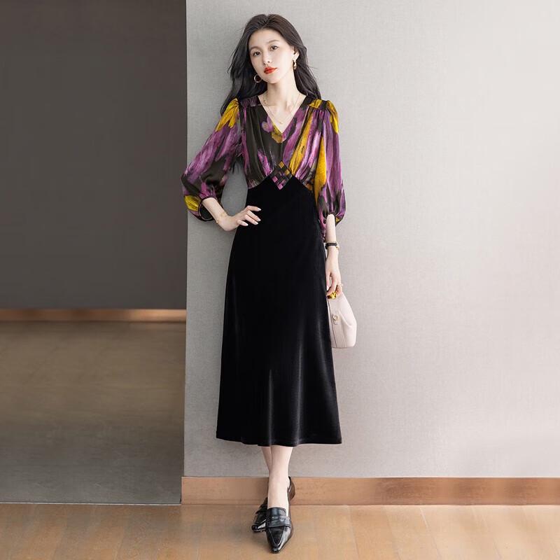 

Women s Autumn 2025 V-Neck Colorblock Faux Two-Piece Dress S