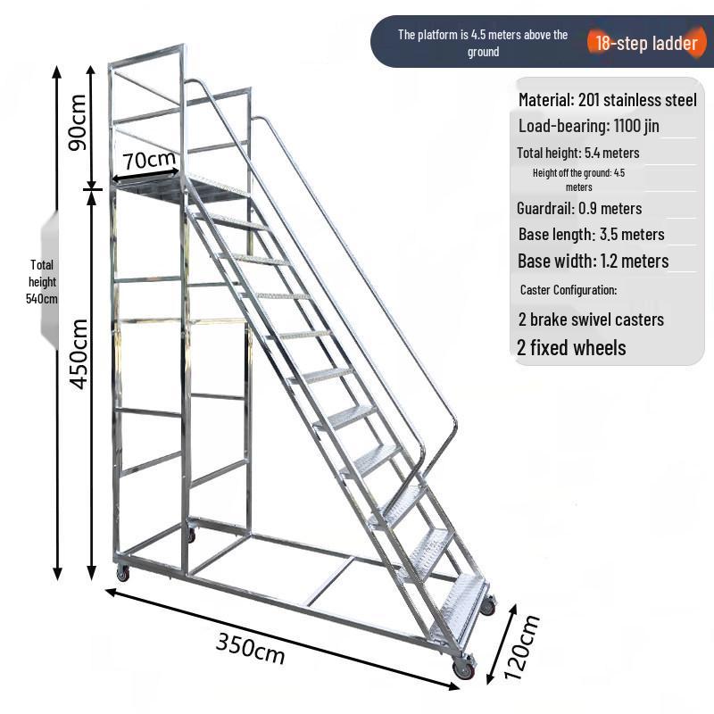 304 Stainless Steel Mobile Platform Ladder with Detachable Safety Feature