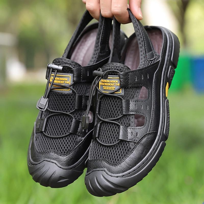 Mode Sommer Mode Herren Sandalen Atmungsaktive Herrenschuhe Leder Outdoor Herren Sandalen Rutschfest Strandsandalen Hohle Schuhe Strandfußbekleidung
