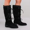 Black matte medium tube boots women's lace-up medium heel elastic boots autumn and winter new European and American large size women's leather boots
