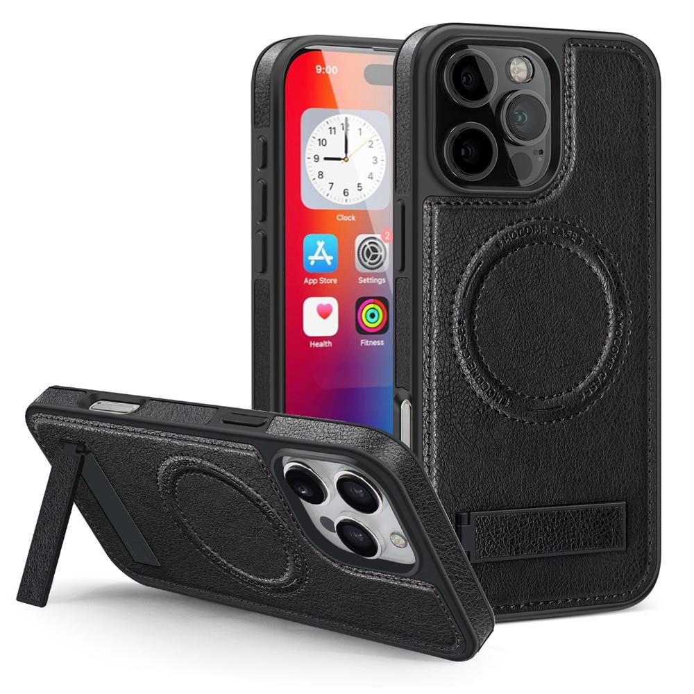 

Fashion Leather Magsafe Phone Case for iPhone 16 Pro Max 16E 15 14 13 12 11 With Stand Bracket Strong Magnetic Shockproof Cover For iPhone 16