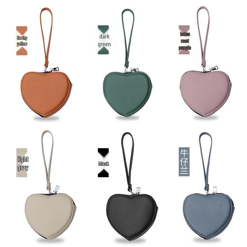 Geldbörse aus Rindsleder in Herzform im koreanischen Stil: Niedliche Echtleder-Geldbörse für Münzen, Kopfhörer, Lippenstift und mehr